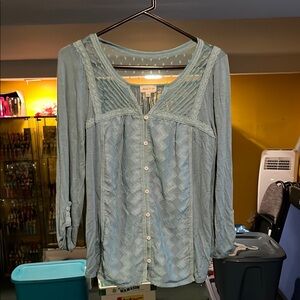 Anthropologie Aqua Pleated Bib Collar Blouse